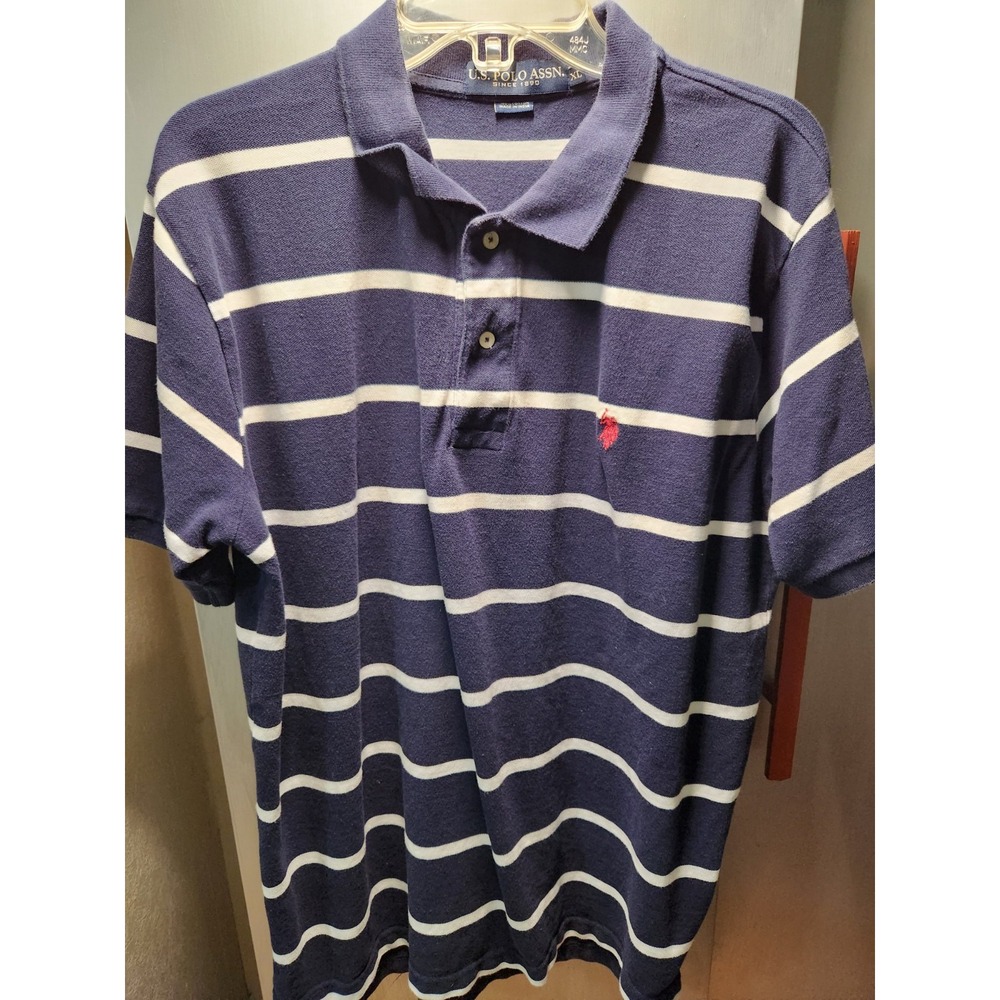U.S.‎ Polo Assn. Mens XL Preppy Navy Blue White Stripe Polo SS Shirt Sports